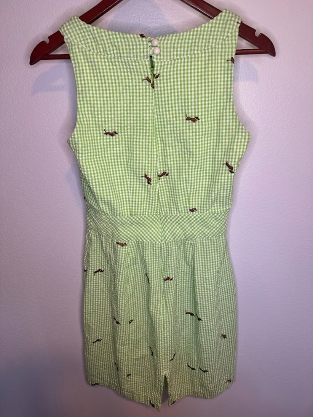 Dachshund Print Green and White Gingham Seersucker Preppy Mini Dress - XS - Picture 2 of 7